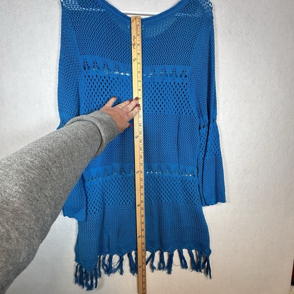 Joseph A Womens Blue Crochet Knit Tunic Top Bell Sleeve Tassel Fringe XL - Picture 5 of 6